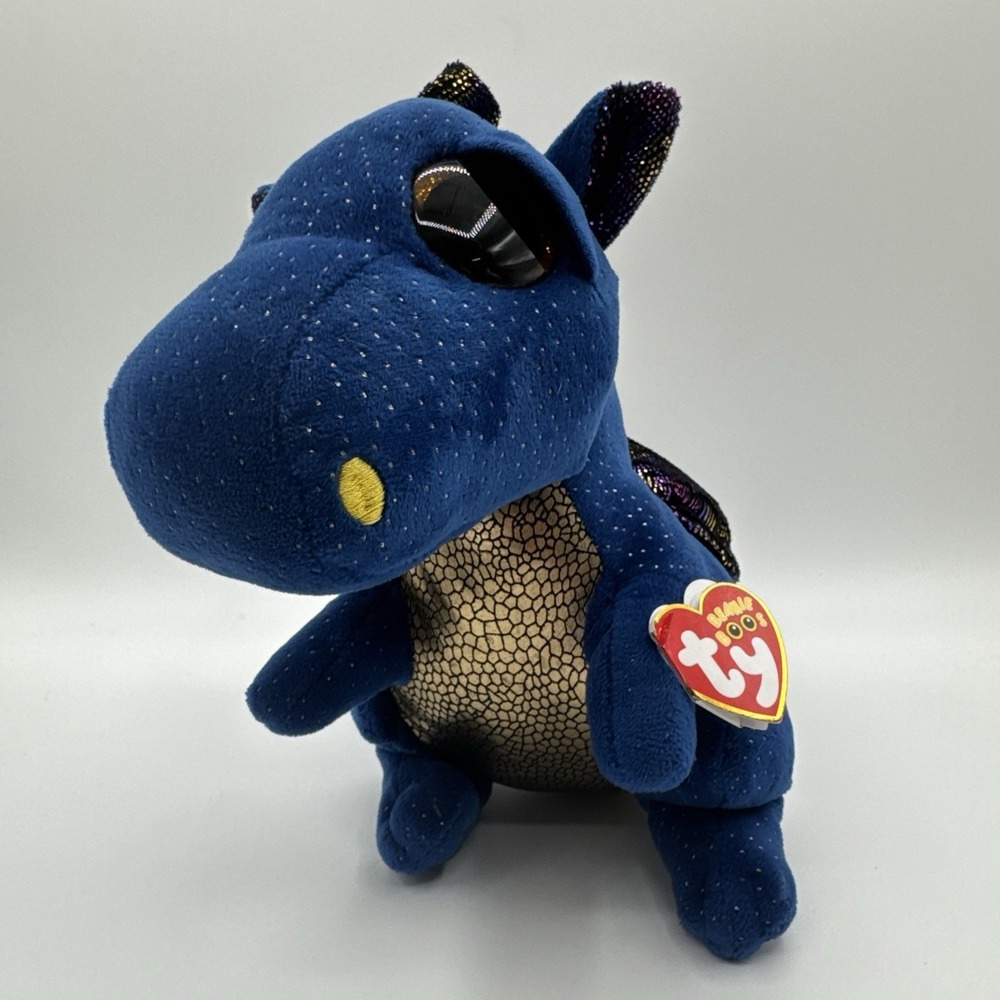 TY Beanie Boos Saffire Dragon Plush Blue Gold Belly Sparkly Wings MWMT